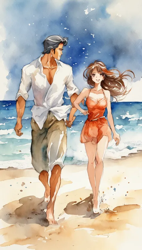 [Vintage men and women], Ancient anime, 1980s (styled), 1990s (styled), aquarelle (middle), , ((Best quality)), ((tmasterpiece)), [A detailed], [Images from anime and manga], [big breasts enchanting], A happy couple running on the beach