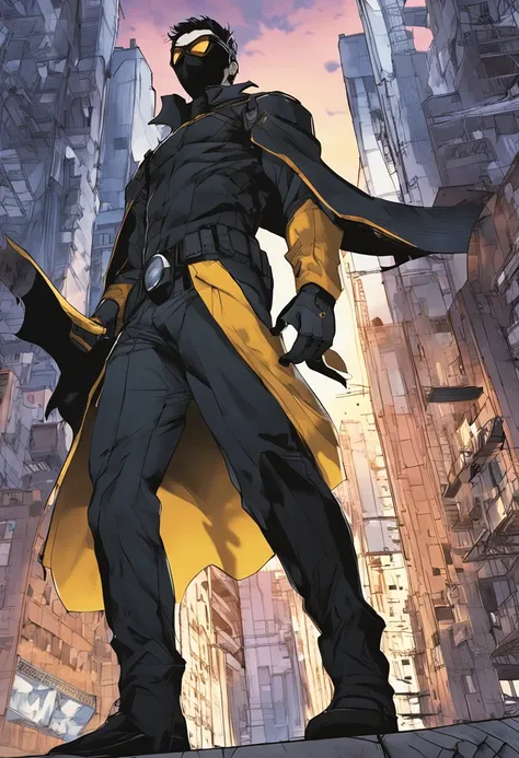 a 15-year-old man with blue hair and black eyes, wears a black superhero outfit similar to a spy uniform with a tattered yellow cape, an aura of shadows appears behind him, his back on top of a building and is watching a city in ruins, anime, novel cover