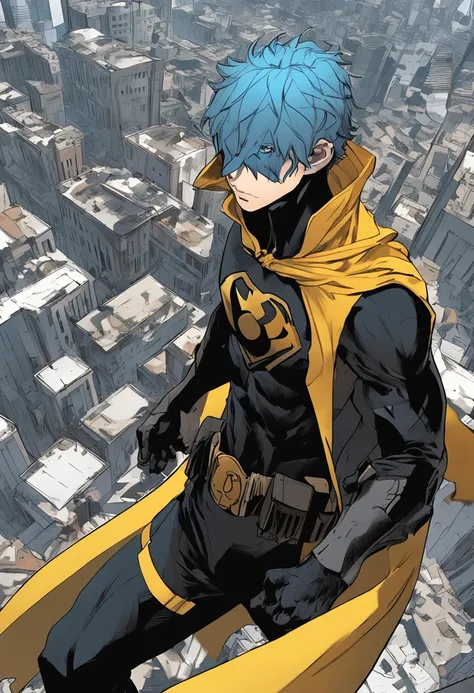 a 15-year-old man with blue hair and black eyes, wears a black superhero outfit similar to a spy uniform with a tattered yellow cape, an aura of shadows appears behind him, his back on top of a building and is watching a city in ruins, anime, novel cover