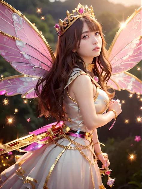 (masutepiece), Professional , ​masterpiece、top-quality、photos realistic , depth of fields （Gemstone Silver Metal Body:1.９),(Matte Pink、Jewel Gold Weapon、（Gorgeous castle background）、（ultimate beauty girl）、（Iridescent fairy wings grow on the back）、（Jewel Me...