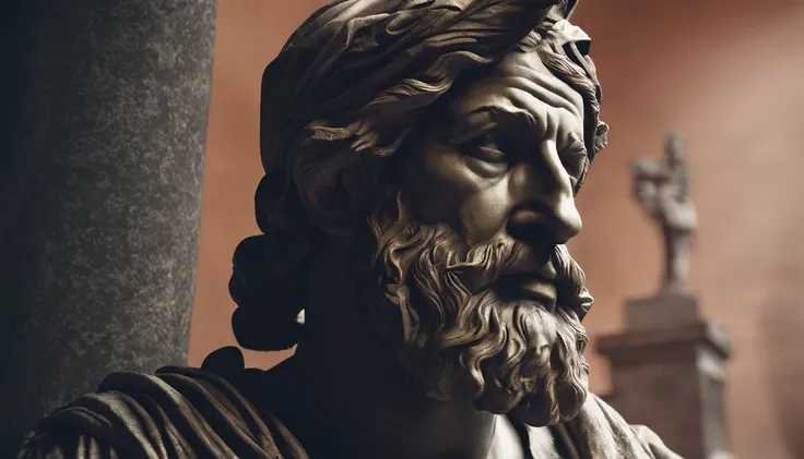 Design background poster for YouTube video ,Best quality, Masterpiece, statue close-up Portrait of have face for  an ancient Greek philosopher wearing historical clothes beside the other have face for Contemporary man from the 21th century wearing modern c...