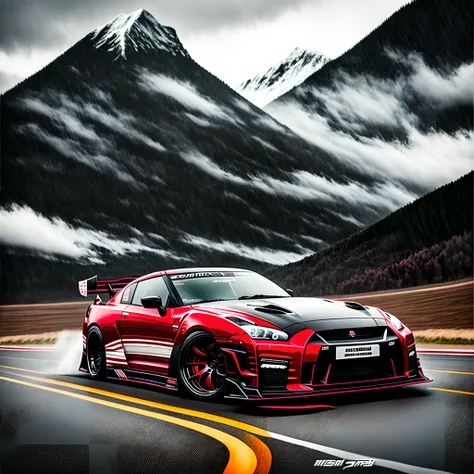 Nissan GTR Nismo Drift, black in color，There are red stripes on the sides，With scarlet accents，Black chrome wheels，With carbon airfoil，Stop on the highway in the mountains, Camera Pro Horizon, rainy days, Cloudy, With spokes