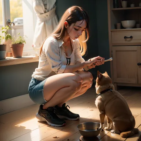 Woman squatting brushing dog bowl