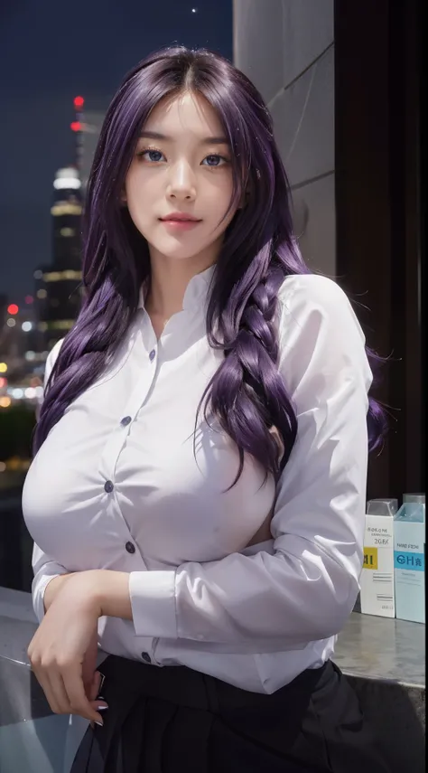 (Night:1.7), Japan, Tokyo, CityView, Before Window,
Standing at attention,
White uniform, Shirt, long sleeves , Pants,
Purple_hair, Brown_eyes,Long_hair,single braid, 
1 girl, 20yo,Young female,Beautiful Finger,Beautiful long legs,Beautiful body,Beautiful ...