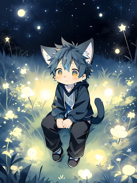 Anime boy sitting on grass looking at the stars, kaworu nagisa, offcial art, official fanart, official anime still, sitting in a field, cozy night fireflies, Official illustration, Star(sky) Starry_sky, watching the stars, zerochan art, glowworm!!, author：...