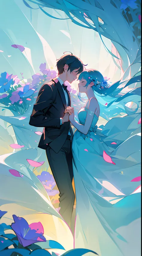 Valentines Day illustration, sweet couple, holding hands, sea of flowers, fantasy, imagination, dreams, tight, delicate, sense of atmosphere.