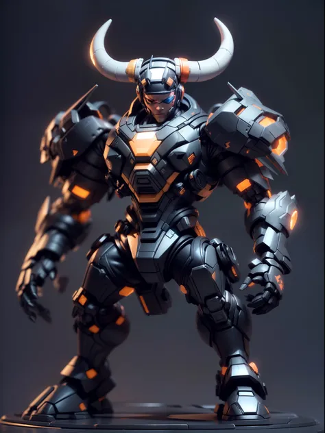 (Blind box toy style:1.3),((Full body shot)),(anthropomorphism),(1 strong bull warrior，solo),big horn，transparent plastic mecha,dreamy glow, cyberpunk style，Clean black background,white style，(circular base）( Global illumination, Ray tracing, hdr, unreal r...