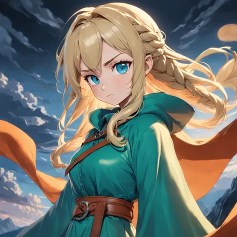 One Caucasian Beauty, blonde hair in braids,Bianca,Dragon Quest V, big pale blue eyes, Woman in green dress and orange cloak poses, Black leather belt with silver buckle, Ultra realistic anime 3D style