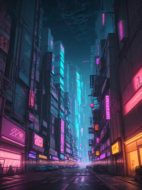 down view，Night view of city streets with cars and neon signs， anime style cityscape, Stylized urban fantasy artwork, futuristic street, In the distance are modern high-rise buildings,Combination of virtual and real，neon glow concept art, vaporwave city, f...