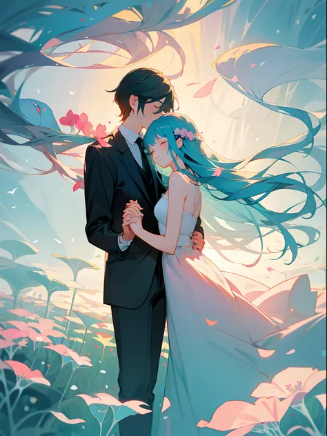 Valentines Day illustration, sweet couple, holding hands, sea of flowers, fantasy, imagination, dreams, tight, delicate, sense of atmosphere.