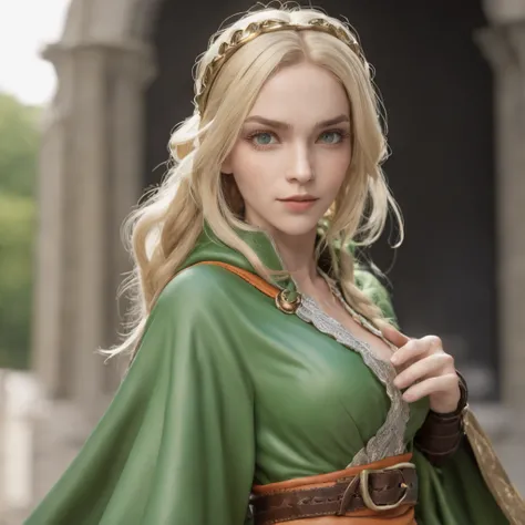 One Caucasian Beauty, blonde hair in braids,Bianca,Dragon Quest V, ssmile, big pale blue eyes, Woman in green dress and orange cloak poses, Black leather belt with silver buckle, Ultra realistic anime 3D style