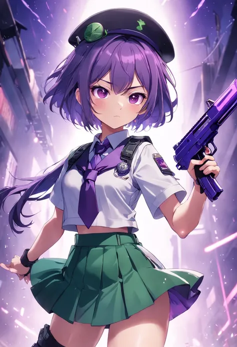 top-quality、extremely delicate and beautiful、(A teenage girl)、Purple Eye、Green hair、short-haired、(Purple pointy hat)、Purple tie、Soio、shortsleeves、Purple skirt、Navel,Tactical Vest、shortsleeves、Purple skirt、((Holding a submachine gun in both hands))、Midnight...