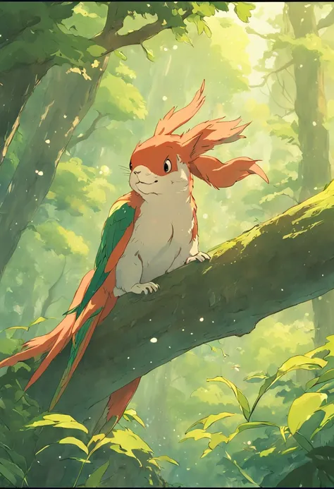 Parrot Squirrel Studio Ghibli painting style