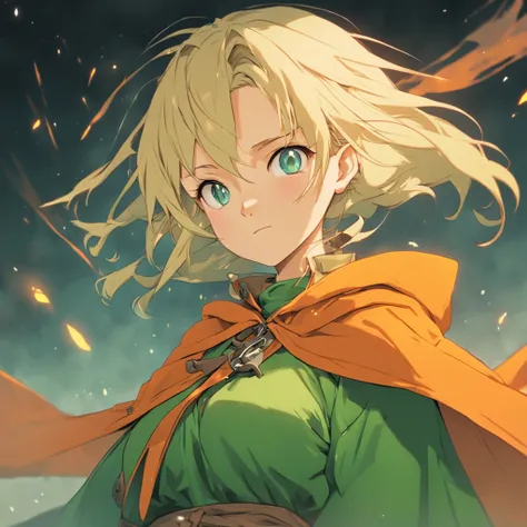 One Caucasian Beauty, blonde hair in braids,Bianca,Dragon Quest V, ssmile, big pale blue eyes, Woman in green dress and orange cloak poses, Black leather belt with silver buckle, Ultra realistic anime 3D style