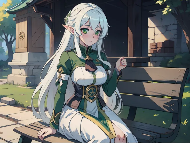 Anime girl with long white hair and green eyes sitting on a bench, Keqing from Genshin Impact, white-haired god, Anime goddess, Genshin, Ayaka Genshin impact, Elf Girl, fus rei, rogue anime girl, detailed anime art, cute anime waifu in a nice dress, anime ...