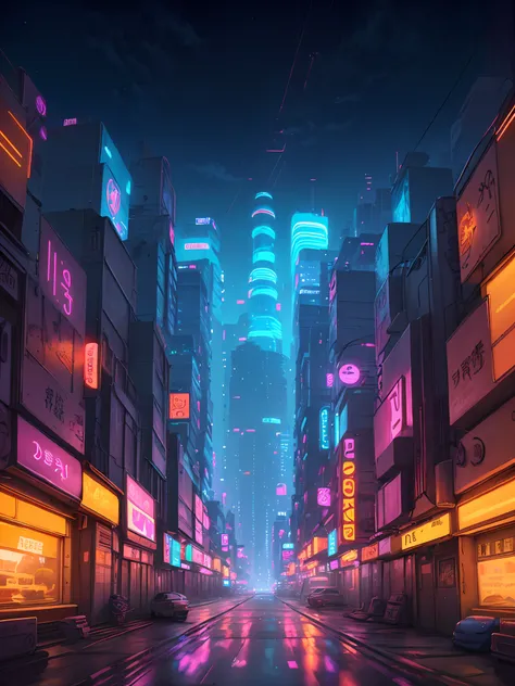 down view，wide wide shot，Night view of city streets with cars and neon signs， anime style cityscape, Stylized urban fantasy artwork, futuristic street, In the distance are modern high-rise buildings,Combination of virtual and real，neon glow concept art, va...