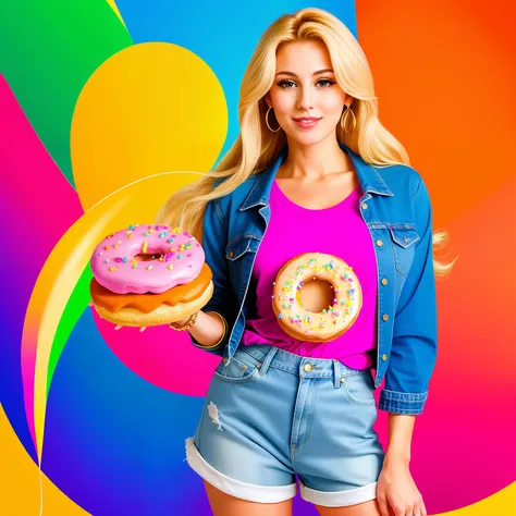 "(Mature and realistic portrayal:1.2) Sailor Moon exuding confidence as she holds a microphone, her blonde hair cascading down, adorned in stylish rainbow denim clothes from the 2000s, with a backdrop filled with donuts."