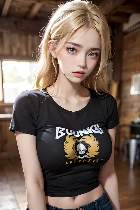 (1girl),large breasts,  breasts, tan, dewy skin, sweaty skin, wavy blonde hair, punk tshirt, punk girl