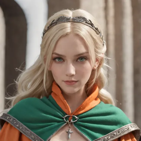 One Caucasian Beauty, blonde hair in braids,Bianca,Dragon Quest V, ssmile, big pale blue eyes, Woman in green dress and orange cloak, Black leather belt with silver buckle, Ultra realistic anime 3D style