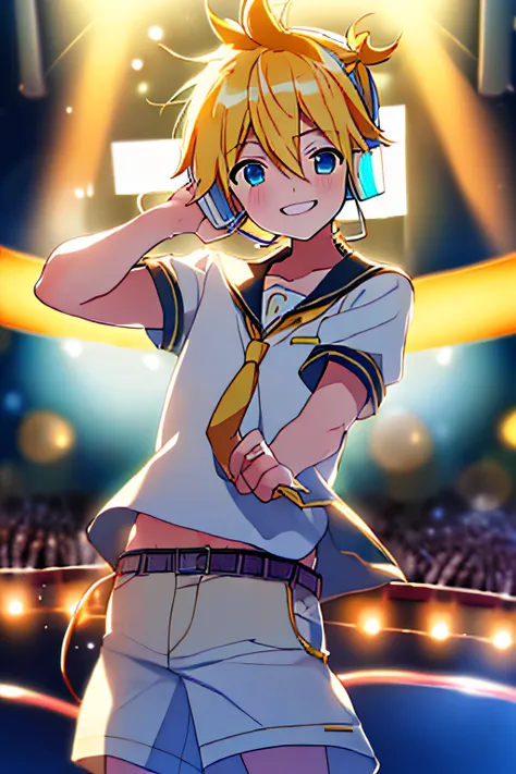 (masterpiece, best quality:1.2), cowboy shot, solo, male focus, 1boy, kagamine len, smile, looking at viewer, headphones, white shirt, sailor collar, necktie, short sleeves, shorts, concert, spotlight