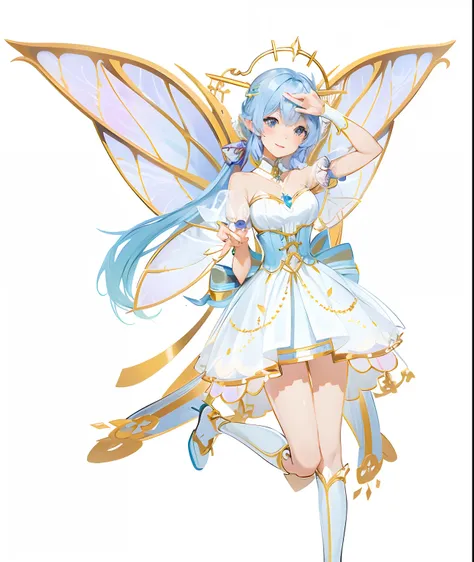 Anime fairy with blue hair and white dress holding a magic wand, smiling as a queen of fairies, astral fairy, official character art, pixie character, ethereal wings, official character illustration, render of april, Beautiful fairy, high detailed official...