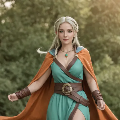 One Caucasian Beauty, Blonde hair with braids flowing to the left side,Bianca,Dragon Quest V, ssmile, big pale blue eyes, Woman in green dress and orange cloak,large full breasts, Black leather belt with silver buckle, Ultra realistic anime 3D style, Weari...