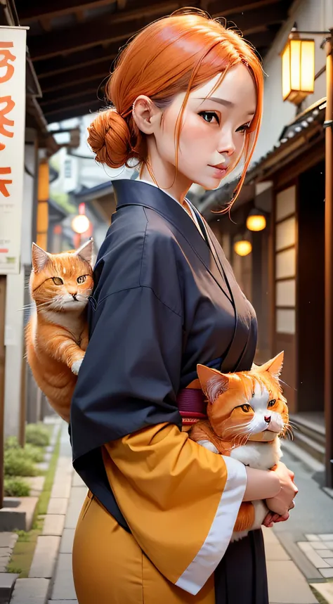 Kyoto Street Female Linen Kimono Holding an orange cat in her arms Light makeup Age about 35 years old