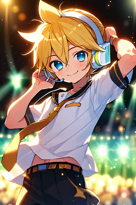 (masterpiece, best quality:1.2), cowboy shot, solo, male focus, 1boy, kagamine len, smile, looking at viewer, headphones, white shirt, sailor collar, necktie, short sleeves, shorts, concert, spotlight