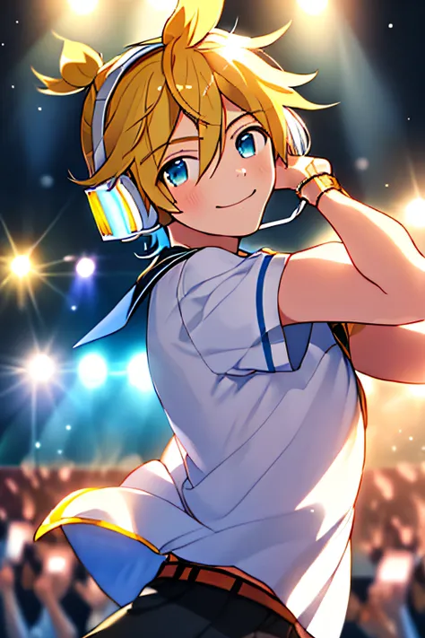 (masterpiece, best quality:1.2), cowboy shot, solo, male focus, 1boy, kagamine len, smile, looking at viewer, headphones, white shirt, sailor collar, necktie, short sleeves, shorts, concert, spotlight