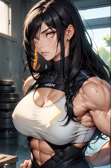 (((((((1 girl))))))), black hair, yellow eyes, very long hair, ((((((muscular)))))), tall, pale skin, (seductive expression)