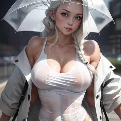 In the rain，No umbrella，Drenched，white  clothes，Skin is exposed，The chest line is visible，Female pervert，high high quality，Shredded clothes，Full body photo