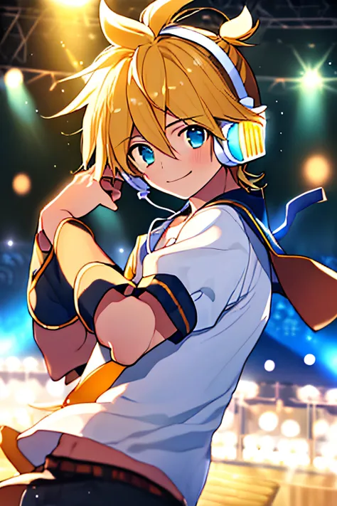 (masterpiece, best quality:1.2), cowboy shot, solo, male focus, 1boy, kagamine len, smile, looking at viewer, headphones, white shirt, sailor collar, necktie, short sleeves, shorts, concert, spotlight