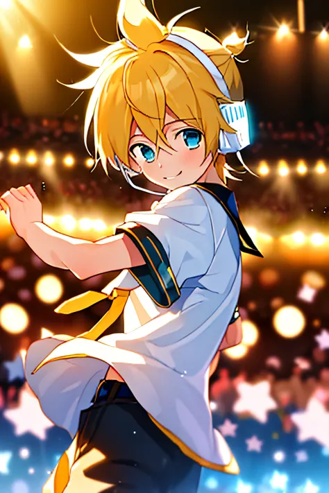 (masterpiece, best quality:1.2), cowboy shot, solo, male focus, 1boy, kagamine len, smile, looking at viewer, headphones, white shirt, sailor collar, necktie, short sleeves, shorts, concert, spotlight