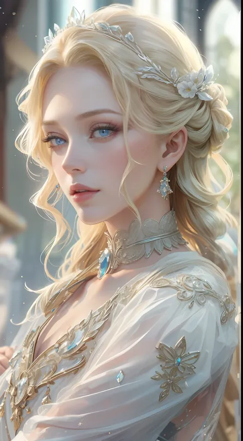 tmasterpiece，highest high resolution，dynamic bust of beautiful royal lady，blonde braided hair，blue clear eyes，the hair is covere...