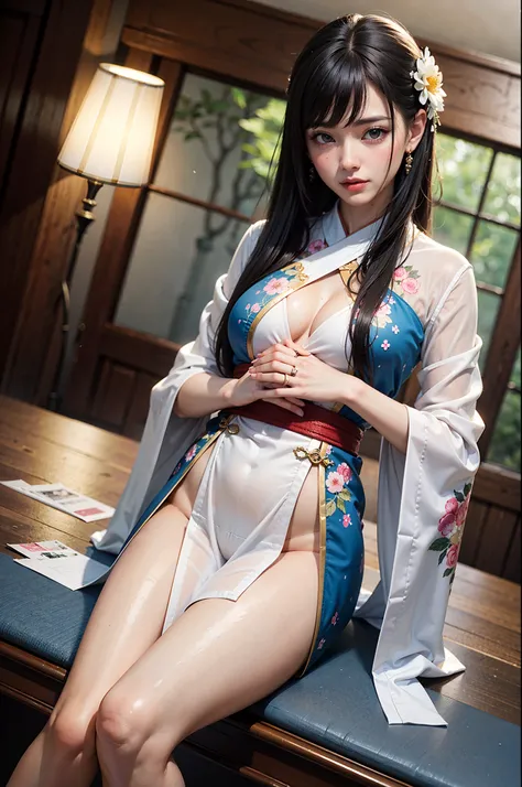 roupa solta、mostrar ombros、Como usar um quimono transparente quebrado、decorated with intricate patterns and bright colors、Material transparente que faz a pele brilhar、Artistic representation of seductive woman in kimono with thin wet cloth and transparent ...