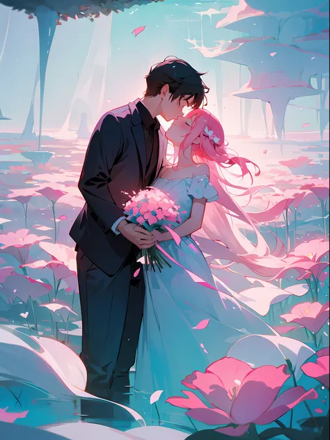 Valentines Day illustration, sweet couple, holding hands, sea of flowers, fantasy, imagination, dreams, tight, delicate,pink sense of atmosphere.