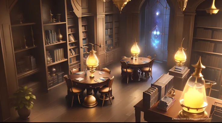 Close up of room with table and chairs, alchemist library background, infinite celestial library, inside a magical item shop, library of ruina concept art, magic laboratory setting, library background, standing inside a magic library, fancy library, dusty ...