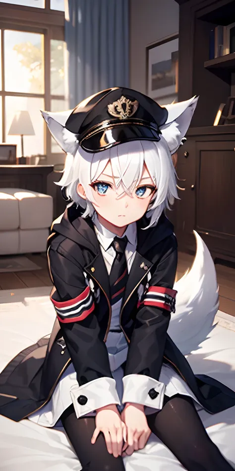 1boy, wolf ears, wolf tail, short fluffy white hair with black stripes,, blue and white eyes, slim, masutepiece, black coat, bla...