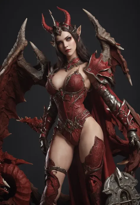 qualidade superior、mulher russa bonita、｛｛｛The whole body is shown｝｝｝、Rei Diabo Feminino、Diabo feminino、Olhos vermelhos、demon armor、Devils Bikini Armor、fantasia、horns grow on the head、Castelo das Trevas、Grande fundo,