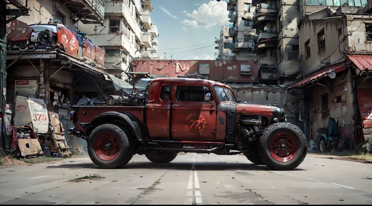 there is a red truck parked in front of a building, restomod, ford model t, classic cars, black steel with red trim, classic car, red car, vintage cars, desktop background, vehicle photography, vintage car, three-quarter body, 1927, 1 9 2 7