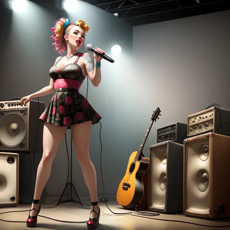 Por favor, Create a colorful realistic image of a pinup rocker singing standing up with a vintage microphone, with one foot on top of an amplifier.