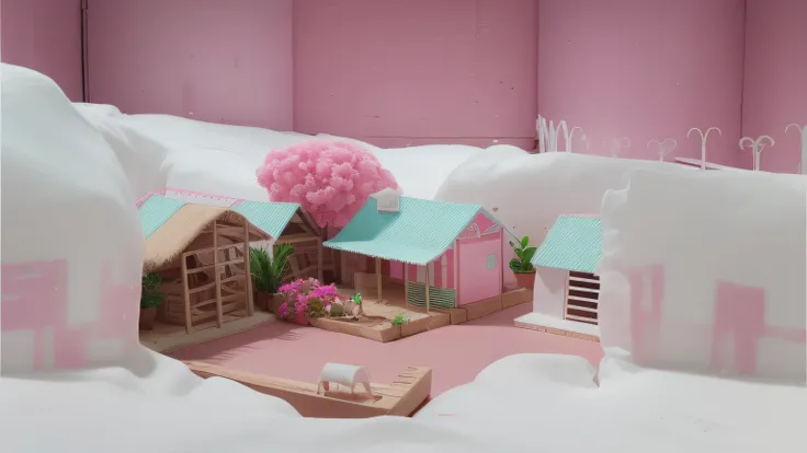 Pink cardboard farm. Pink cardboard. Pink cardboard farm. about Pink cardboard. Cogumelos cor de rosa. Cogumelos na maquete. Cogumelos na fazenda. White cotton floor, White cotton.