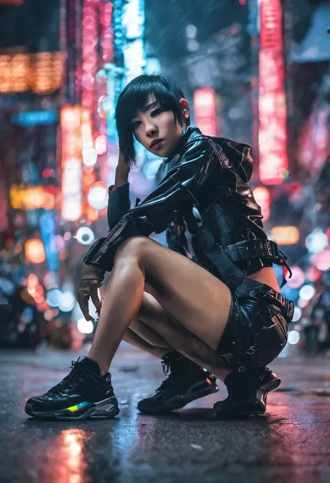 cyborg Girl sitting on the floor, Shenzhen city, cyberpunk, night, dark clouds,