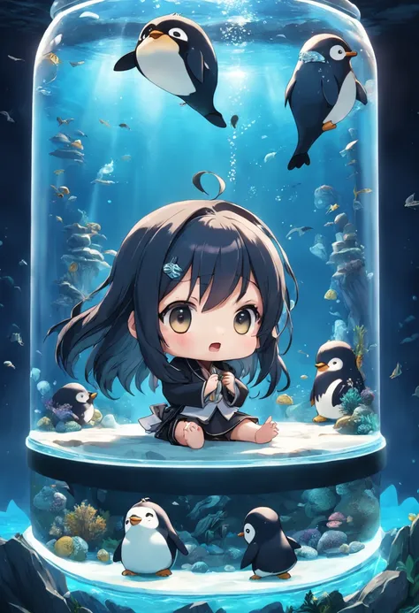 tabuleiro de xadrez Obra　Chibi 3D Vestindo uma fantasia de pinguim　chibi bonito e bonito,Chibi 3D inside a giant aquarium, realistic,