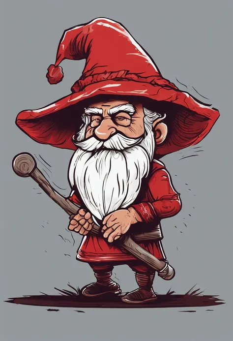 Cartoon image of a man with a long beard and a red hat holding a baton, mago masculino, Gnome Druida, gnomo alquimista do mal, Velho Archmage masculino, Um gnomo alquimista, Retrato de um feiticeiro vermelho, bruxo ponderando seu orbe, Dwarf, dnd dwarf, Re...