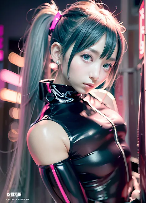 Acrobatic、miku hatsune、Neon Ninja Style、Japan young girl dressed in shiny silver as futuristic urban cyberpunk character。Hair scrunchies, hime-cut, Silver hair,, Color Chip, Medium Hair, O cabelo multicolorido, Bangs parting, Parted lips, Red Lipstick、full...