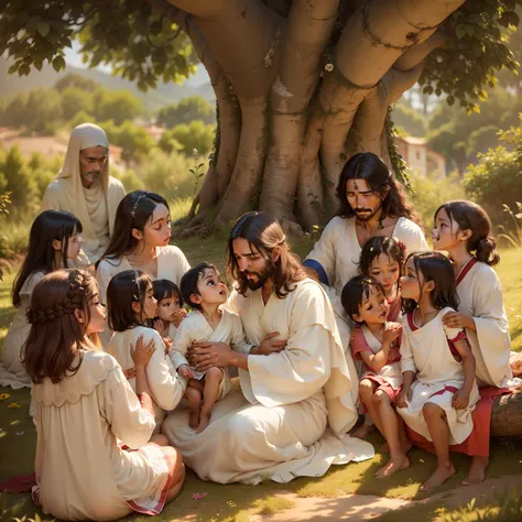 Under the balmy shade of a leafy tree, Jesus, wearing white robes and radiating a strong light behind his head, encontra-se sentado em uma rocha, surrounded by a group of children who gather happily at his feet. Seu semblante sereno irradia amor e sabedori...