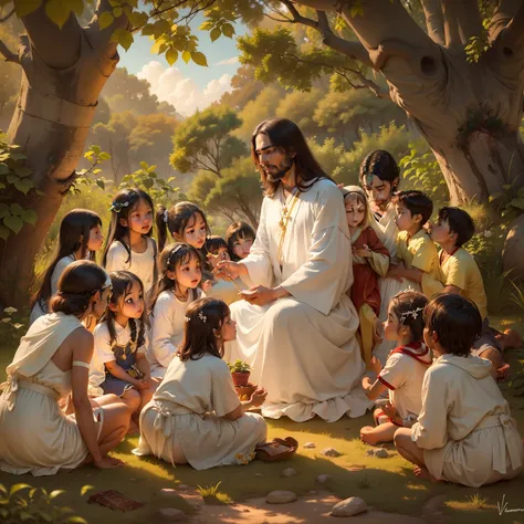 Under the balmy shade of a leafy tree, Jesus, wearing white robes and radiating a strong light behind his head, encontra-se sentado em uma rocha, surrounded by a group of children who gather happily at his feet. Seu semblante sereno irradia amor e sabedori...