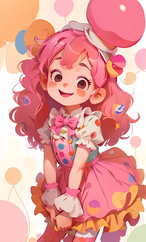 Cartoon clown girl with a cone hat and pink dress wearing colorful socks pink bow tie and with pink hair stuck maria chiquinha style, Smiling clown girl, cutecore clown, cute clown girl, Child Clown Girl, decora inspired illustrations, e 2K Cutecore Clownc...