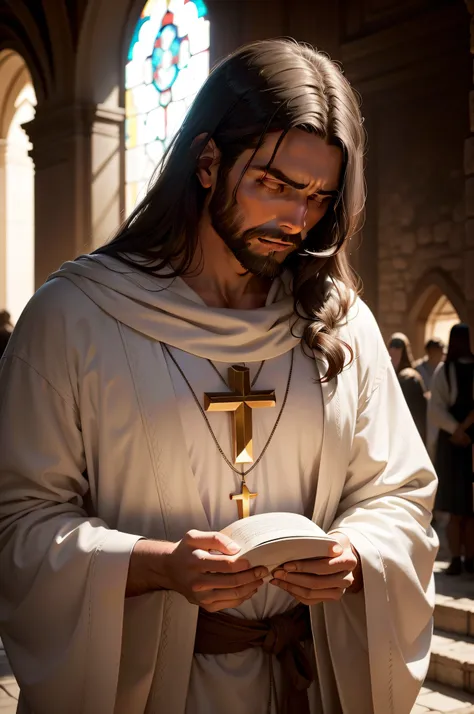 Generate a sharp image depicting Jesus Christ immersed in prayer, situado dentro de uma sinagoga tradicional. He is to be encompassed by His disciples, exuding reverence and concentration in His teachings. The details of the environment should evoke a hist...